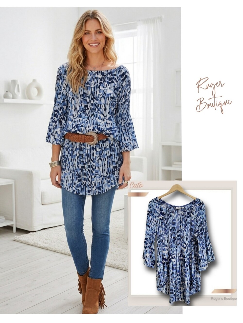 🌿Cato Women's 14/16W Multi Blue Print Bell Sleeve Pleated Smocked Bodice Tunic